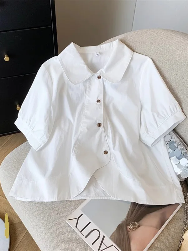 

Женская летняя модная блузка с кукольным воротником, простой асимметричный крой, из хлопка, свободного кроя