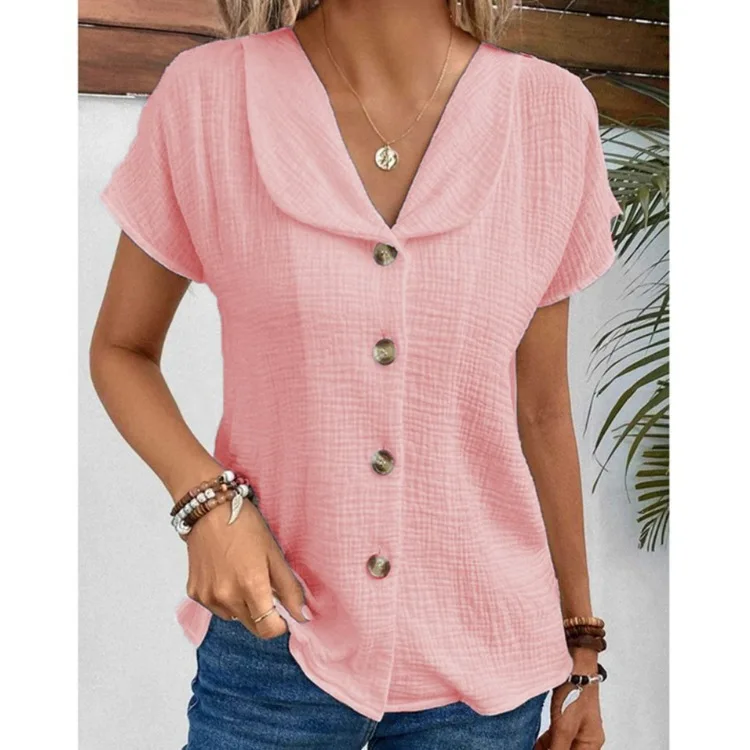 2026 Arrival Women's Solid Color Lapel V Neck Short Sleeve Front Button Loose Casual Blouse Comfort Trendy Versatile Daily Top
