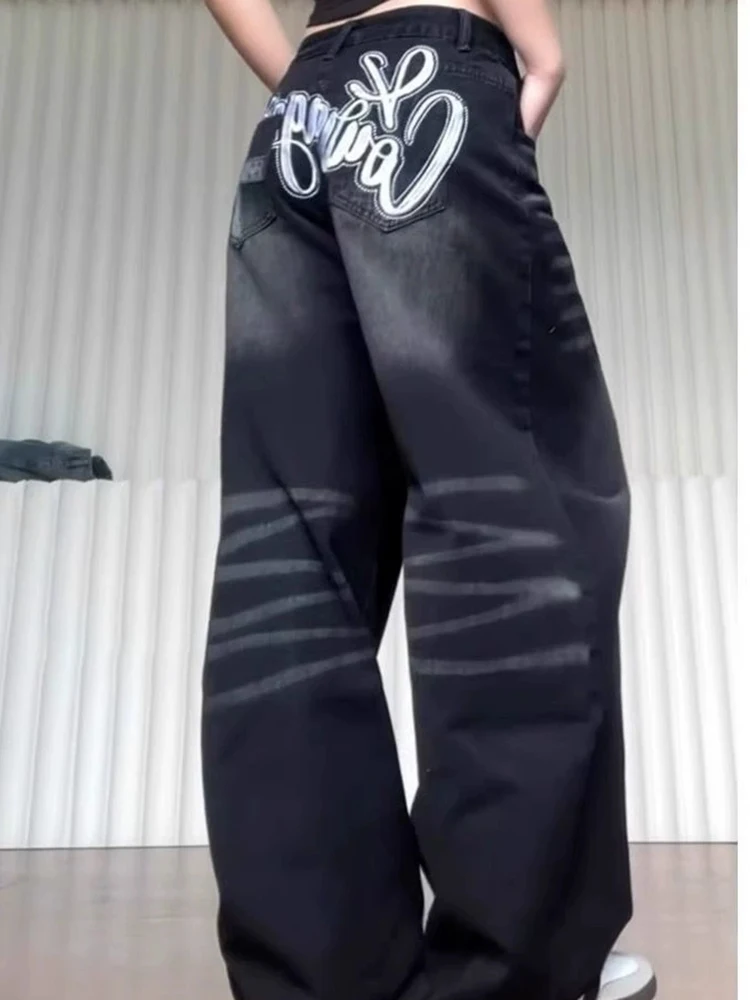 

Y2K американские ретро потертые джинсы женские с вышитым принтом сзади весенний уличный стиль облегающие широкие длинные брюки