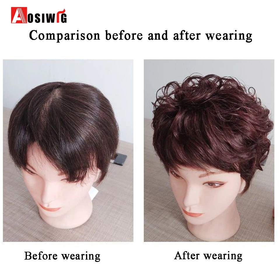 AOSIWIG Synthetic Short Curly Black Brown Wig Top Toupee Clip In Hair Extension Replacement System Closure Hairpiece Bangs Women