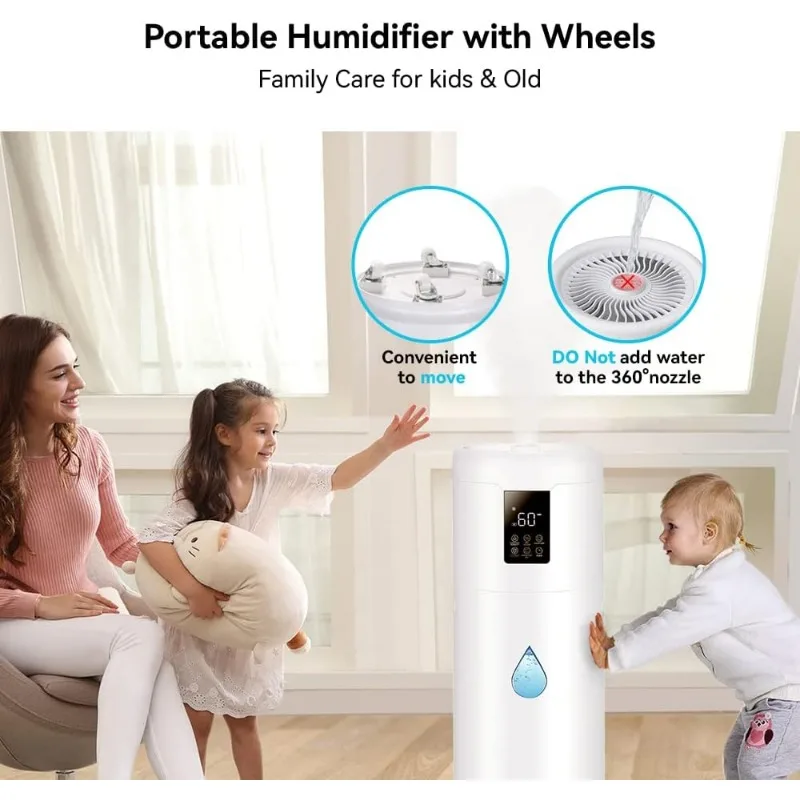 Humidificadores para habitación grande, Humidificador grande con tubo de extensión y niebla de 4 velocidades con boquilla de 2000 °, 360 pies cuadrados