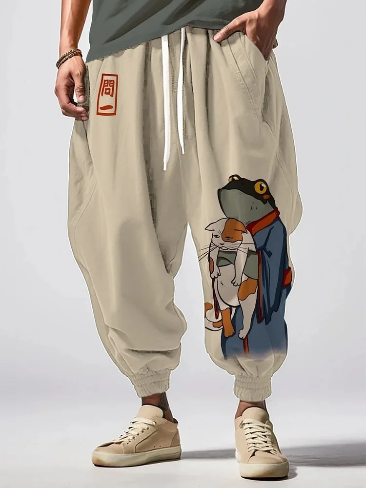 

Men's Long Pants Vintage Frog In Kimono And Unhappy Cat Japanese Art Print Loose Drawstring Waist Sweatpants Holiday Trousers