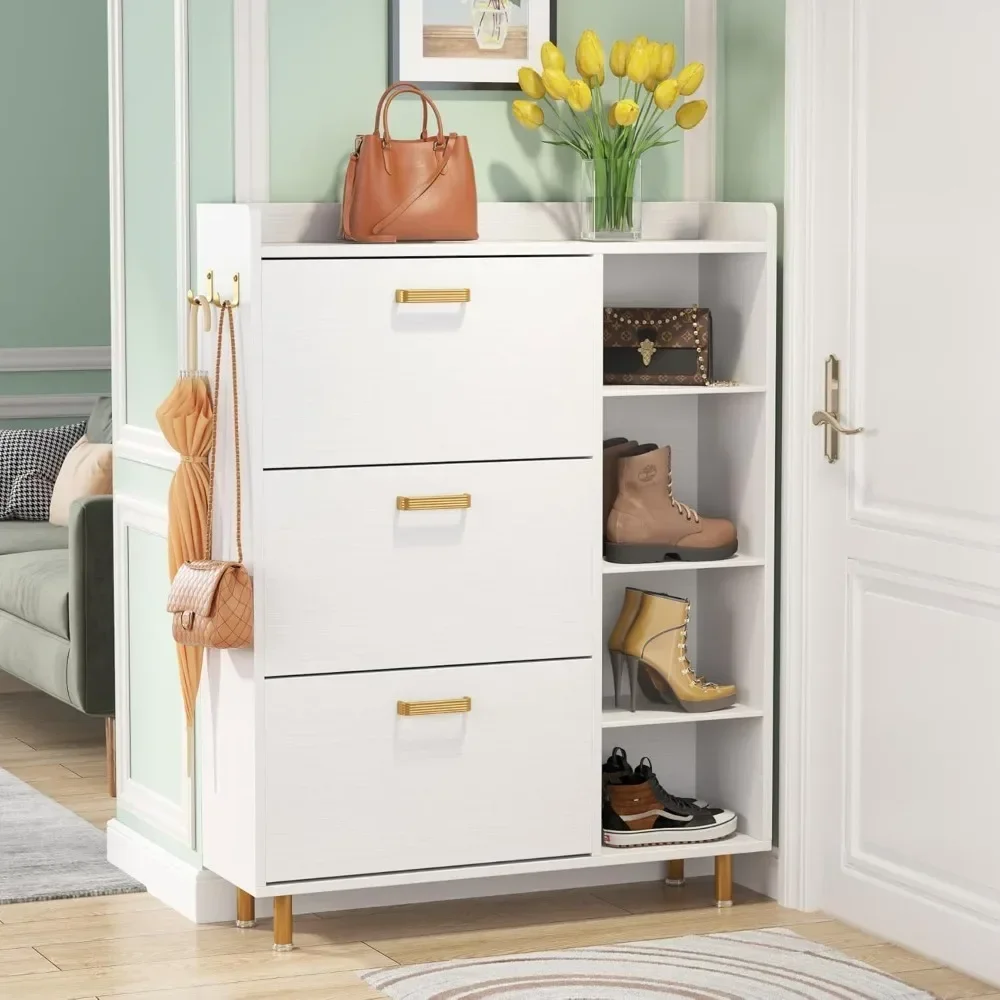 Shoe Cabinet, Flip Drawers Shoe Storage Cabinet for Entryway with 3 Flip Drawers and 5 Shelves, Freestanding Shoes Cabinet