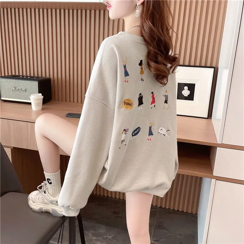 Waffle Amerikan Tarzı Tişörtü Femme İlkbahar Sonbahar kadın kıyafetleri Tiki Tarzı Karikatür Işlemeli Rahat Üst Tee Ceket Kadın