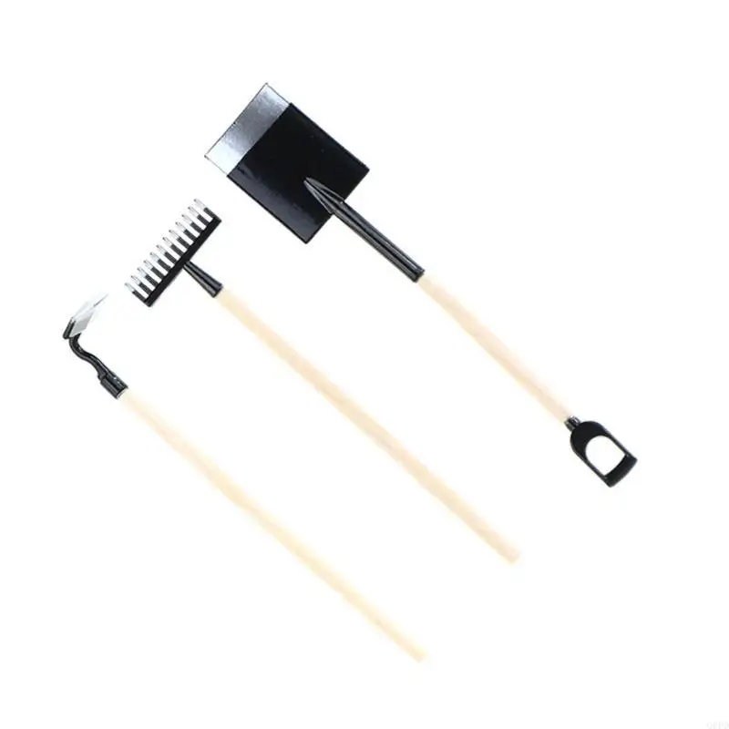 Ensemble d'outils jardin pour maisons poupées, 3 pelles, râteau, modèle houe, réalisme charme pour votre aménagement
