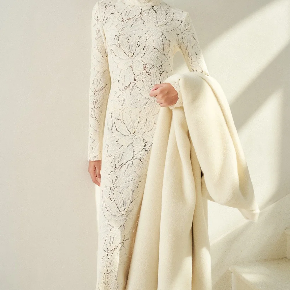 Classic High Collar Lace Full Sleeve Tea-Lenth Straight Bride Wedding Dresses Bridal Gowns Customized