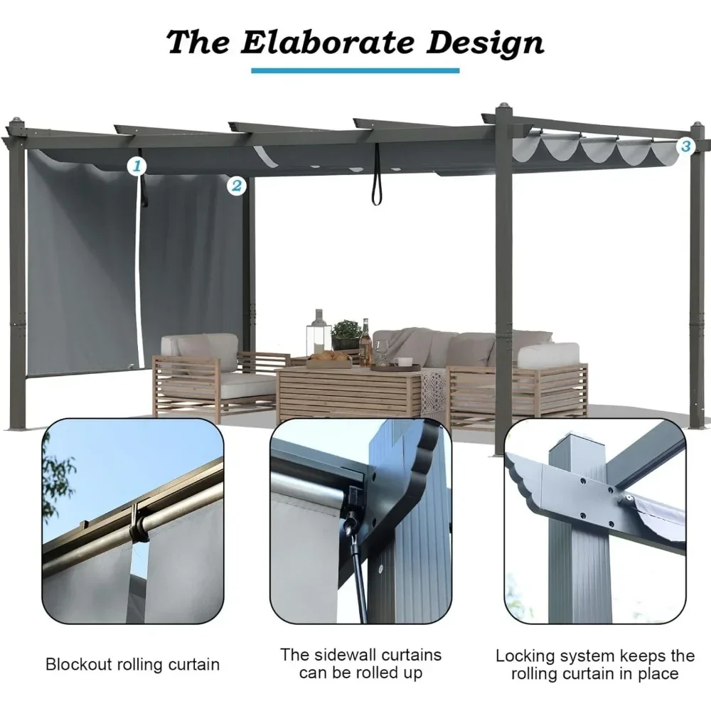 12 x 16 FT Outdoor Pergola with Retractable Shade Canopy, Dark Gray Matte Aluminum Frame, 2 Pieces Roller Shade Curtain