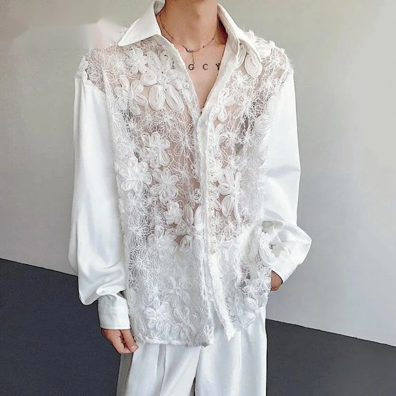 

Niche Design Men Shirts Turn-down Collar Hollow Out Pearl Lace -up Patchwork Loose Solid Color Male Long Sleeved Top 9W85IC