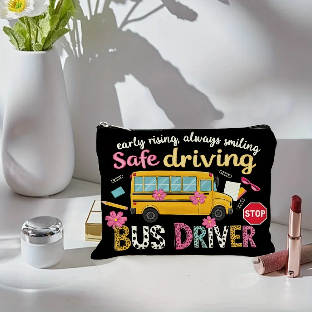 バス運転手の安全運転プリント入りメイクアップバッグ - 多機能ジッパーポーチ、ジュエリー収納バッグ、旅行に最適なジッパー付き小型収納バッグ