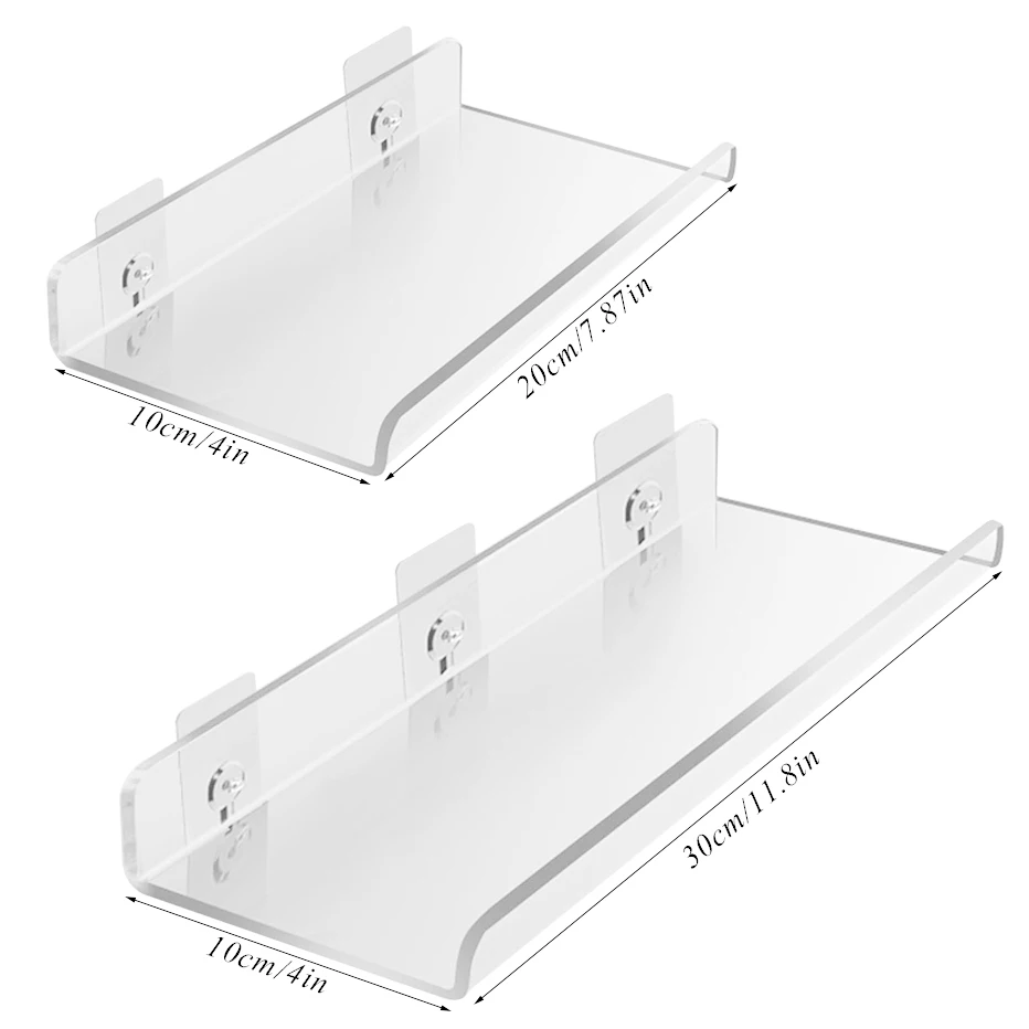 Clear acrylic floating shelf — self‑adhesive wall storage for books, toys, bathroom soap dispenser & décor 2