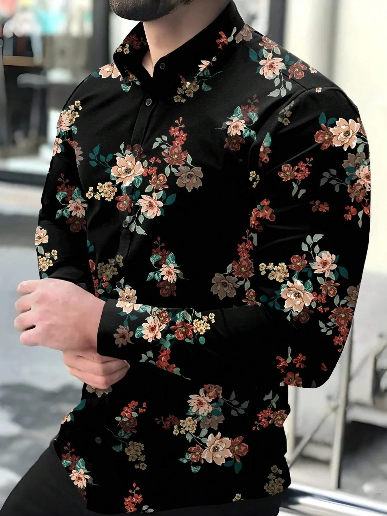 

2025 New Fashion All-match Flower Print Men's Long Sleeve Shirt Casual Party Street Hawaiian Polo Collar Shirt Polyester