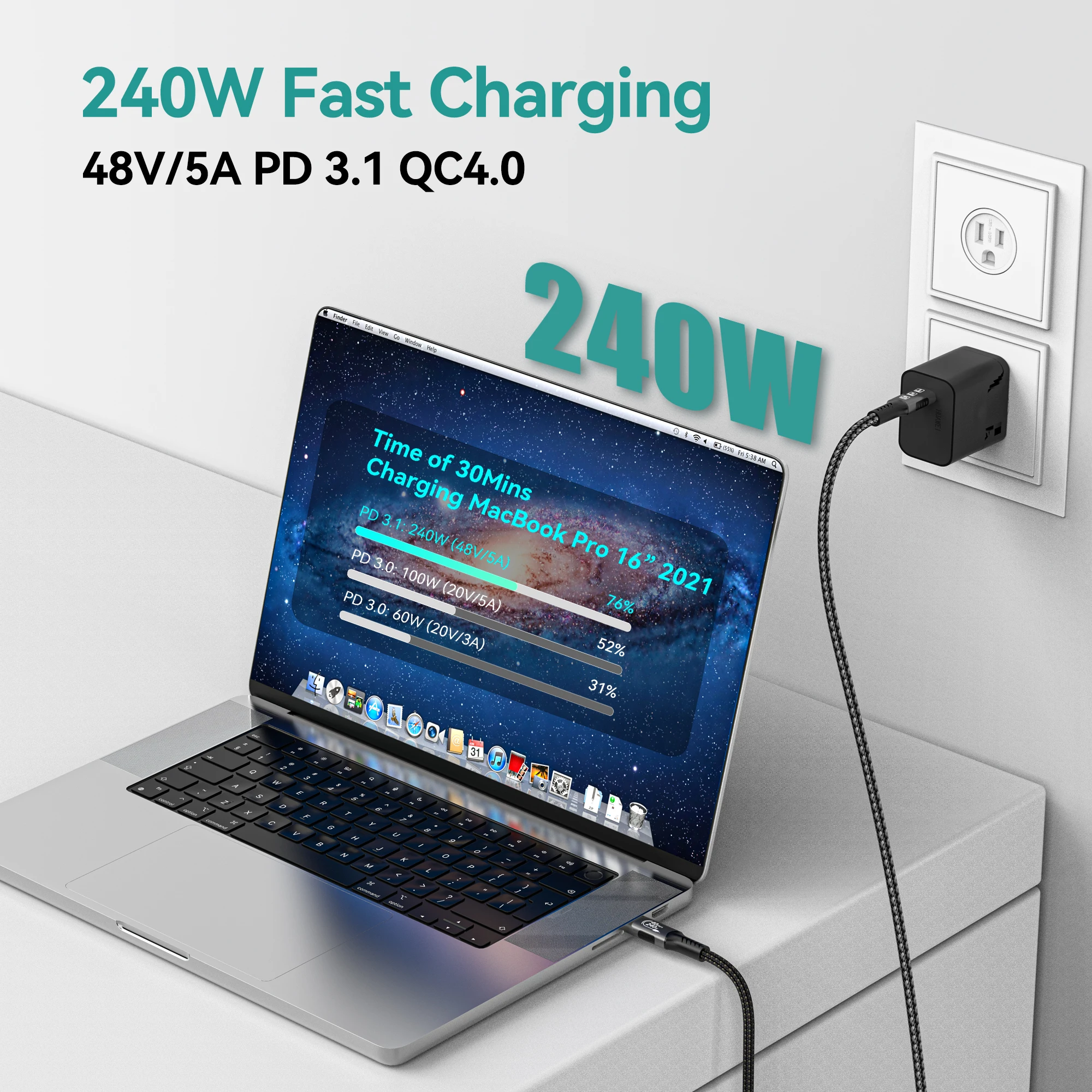 Thunderbolt 4 USB4 케이블 40Gbps 8K@60Hz PD3.1 100W Type-C - USB-C 듀얼 프로토콜 iPhone 15 HUAWEI와 호환 가능