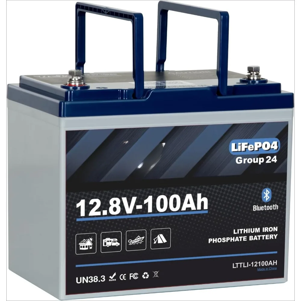 

12V 100Ah Bluetooth LiFePO4 Battery Group 24, Low-Temp Protection Deep Cycle Lithium Battery Built-in 100A BMS 500A/3S Peak