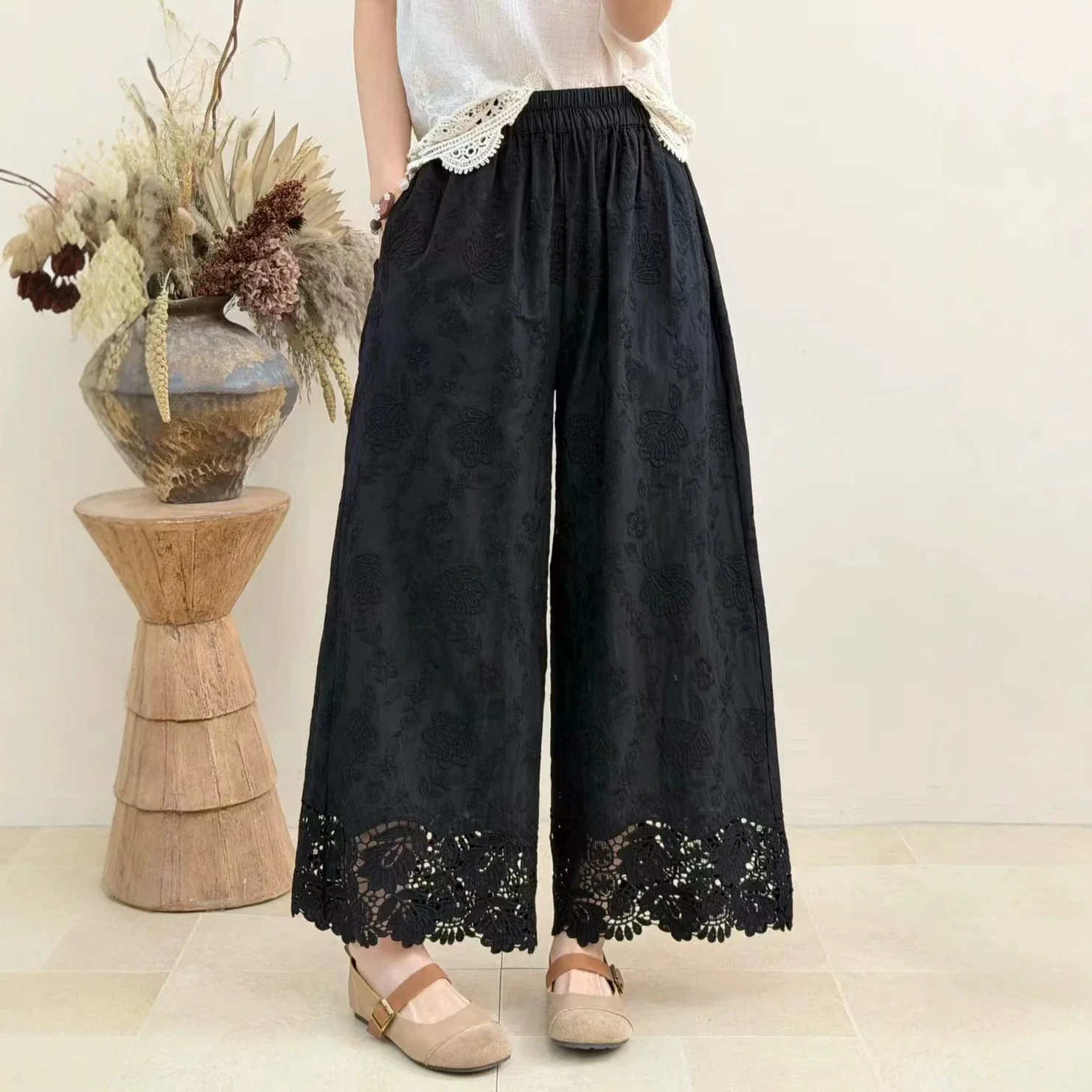 

Japanese Sweet Mori Girl Embroidery Hollow Out Cotton Wide Leg Pants Women Summer New Solid Color Casual Loose Straight Pants