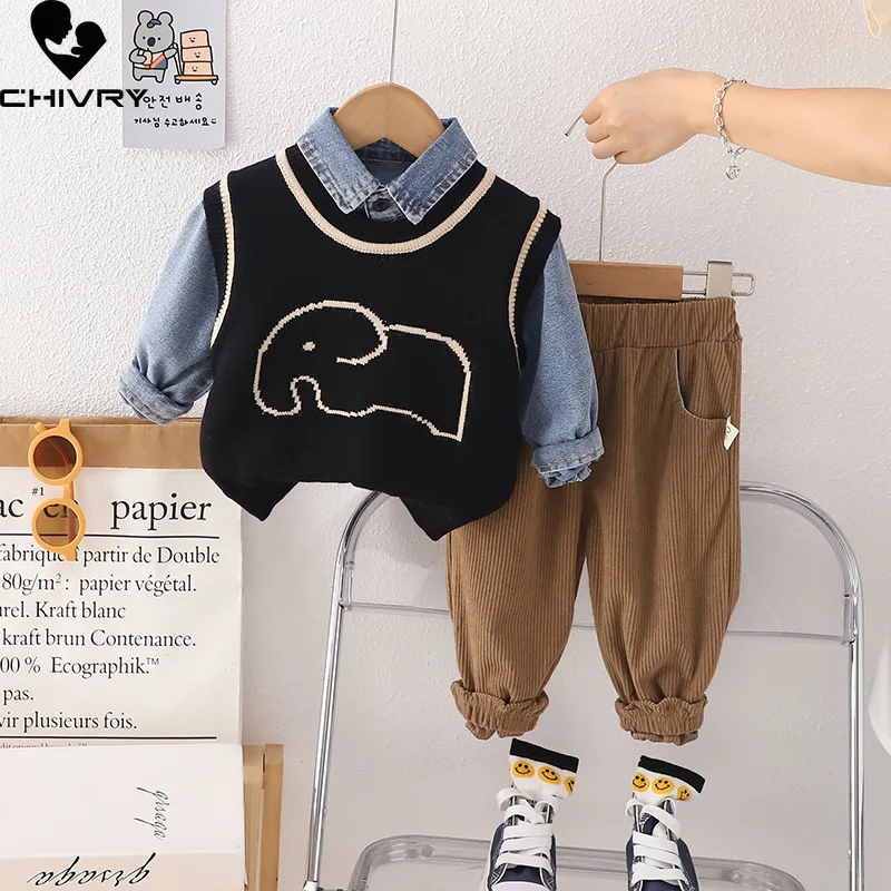 

New 2023 Kids Autumn Cartoon Elephant Knit Vest Denim Lapel Shirt with Casual Pants Baby Boys Fashion Three-piece Clothing Sets