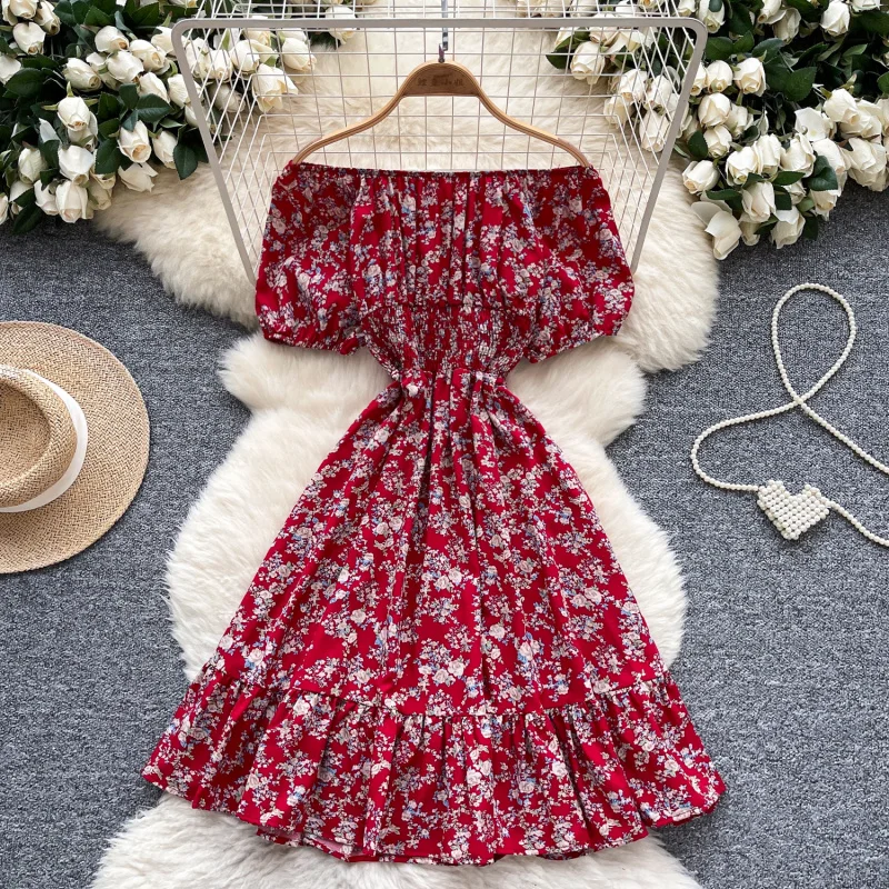 Boho women summer sexy off shoulder floral print short dress vintage elastic waist ruffles vestido de festa beach a-line dress