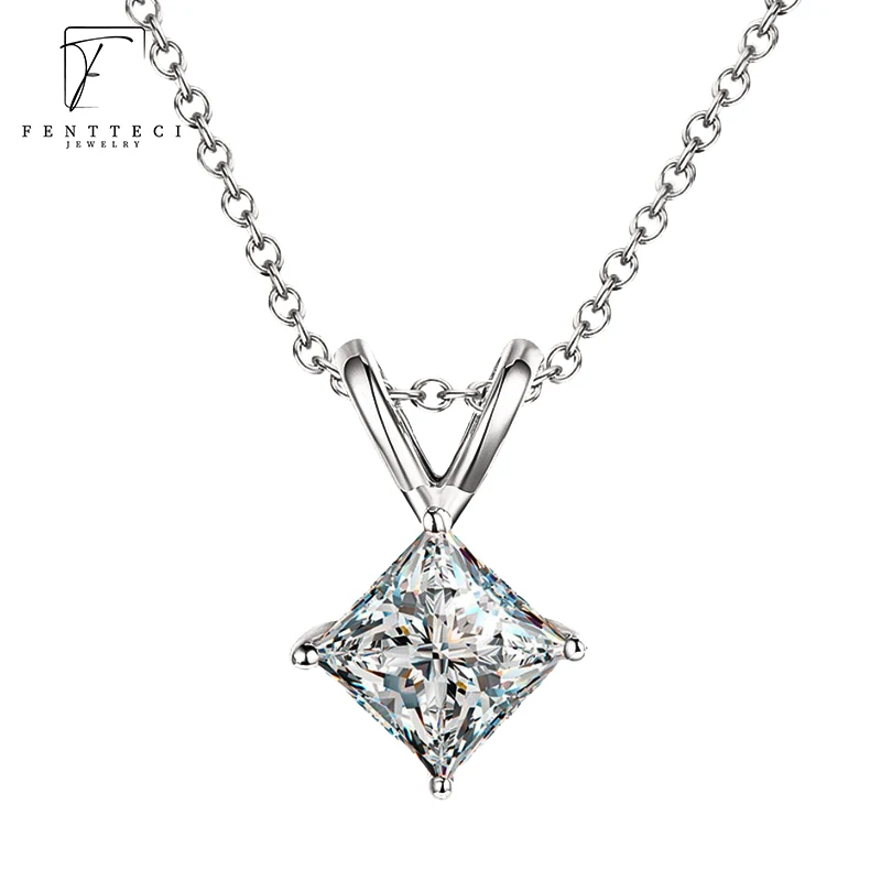 

FENTTECI S925 Sterling Silver Gold Plated Square Moissanite Pendant Necklace O Chain Fine Jewelry for Women OL Party Holiday