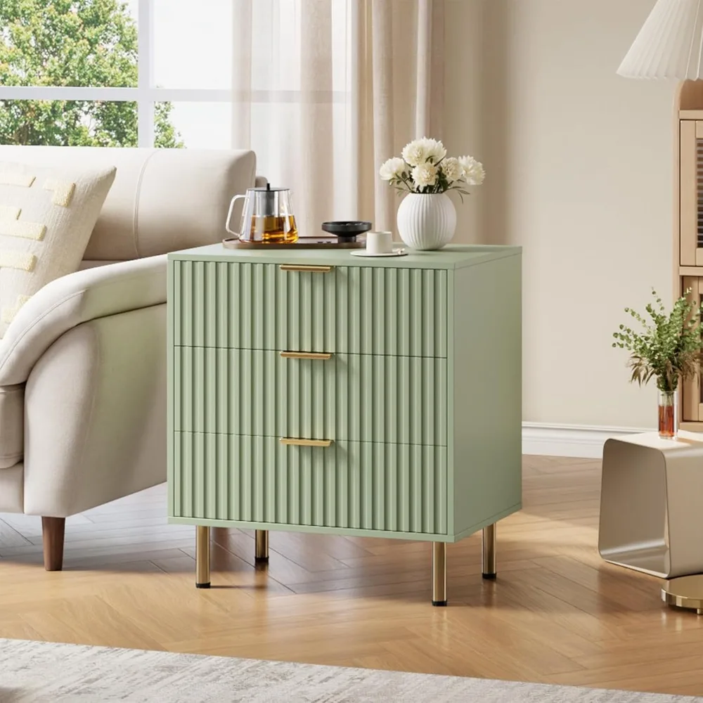 

Green 3 Drawer Dresser for Bedroom, Fluted Modern Nightstand with Deep Drawers, Chest of Drawers with Wide Top, Wooden Dresser O