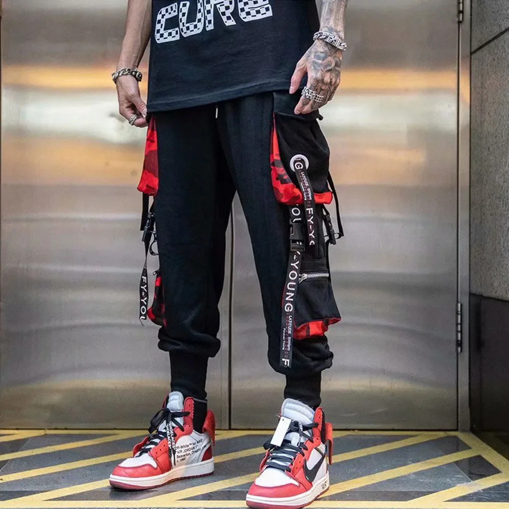 Joggers Cargo Pants for Men Casual Hip Hop Hit Color Pocket Male Trousers Sweatpants Streetwear Ribbons Techwear Pants