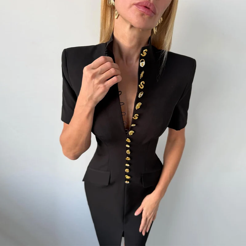 2026 Sommer Stehkragen Einfarbiges Damen-Midikleid Elegantes Einreihiges Kurzarm-Slim-Kleid Modisches Neues Damen-Langes Kleid – Detail 18