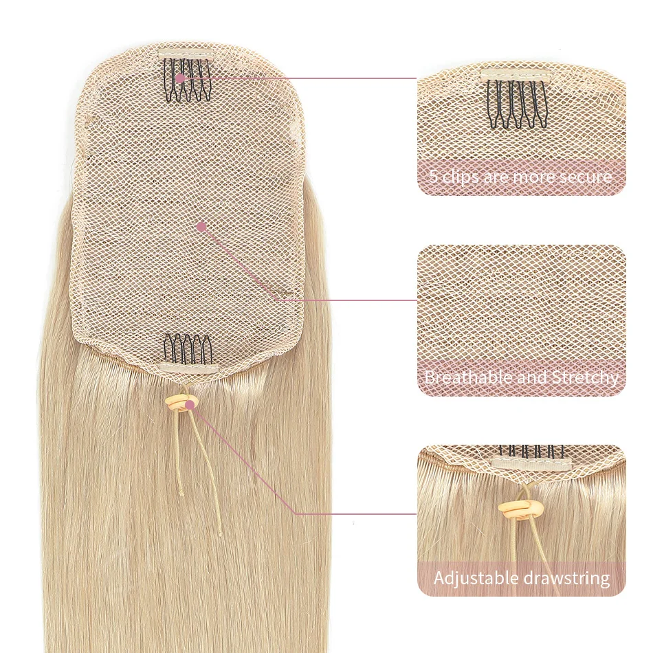 12Colors Straight Drawstring Ponytail Extension Brazilian Human Hair Extensions Drawstring Clip Ins Ponytail 14-26Inch For Salon view 3