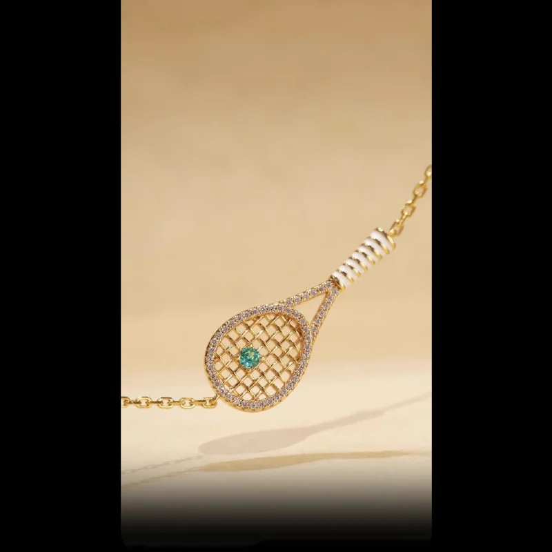 Bellux Pendant Chain 925 Silver Synthetic Zircon Yellow Gold Hollow out Tennis Racket Cute Design Necklace - view 6