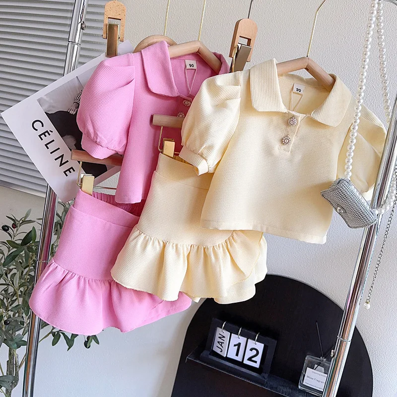 

Girls' Suit New Children Buckle Bubble Lapel Short Sleeve Western Style Short Skirt Two-Piece Set2024Summer New-WSNY