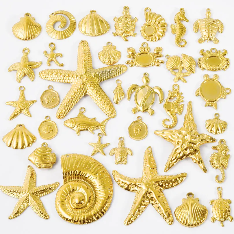 9pcs No Fade Golden Marine Series Conch Starfish Seahorse Animal Pendant Fish Tail Crab  Koi Lovable Stainless Steel Pendants