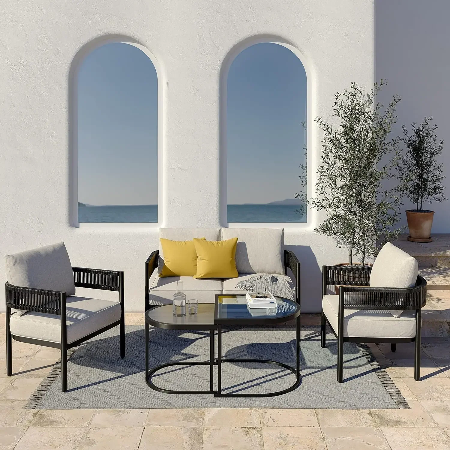 

5-Piece Outdoor Furniture Set with Thick Cushions and Coffee Table, Wicker Sofa Conversation Set for Backyard, Beige
