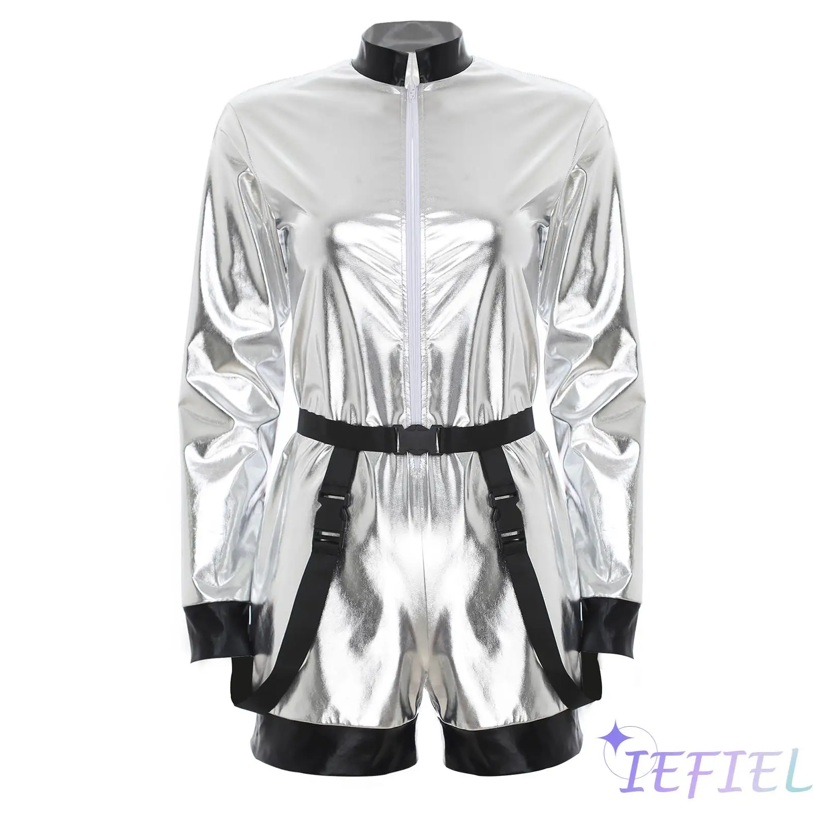 

Womens Halloween Christmas Dress-Up Theme Party Costumes Shiny Bodysuit Astronaut Cosmonaut Cosplay Jumpsuit Overalls