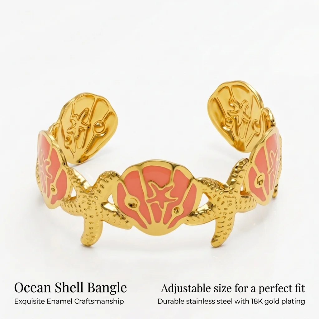 Niedliches Sommer-Emaille-Armband, Verstellbarer Edelstahl-Armreif im Ozean-Stil mit Seestern und Muschel für Damen, Modisches Schmuckgeschenk