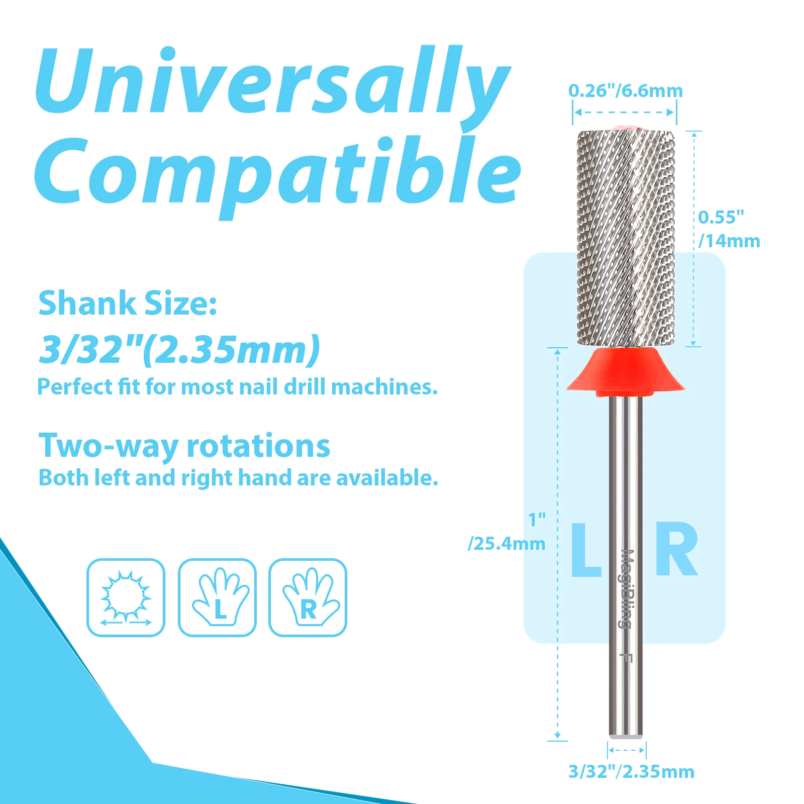 MagiBling Heart Shape Diamond Top Large Barrel Carbide Nail Drill Bit Cutter Left Right Hand Use Gel Polishing Remover 3/32"