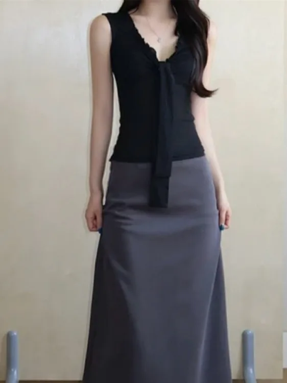 

Korean Sle Women's Faionable Splice Belted Svel Slim Fit Top f Skirt Two-Piece Set Summer New Arrival