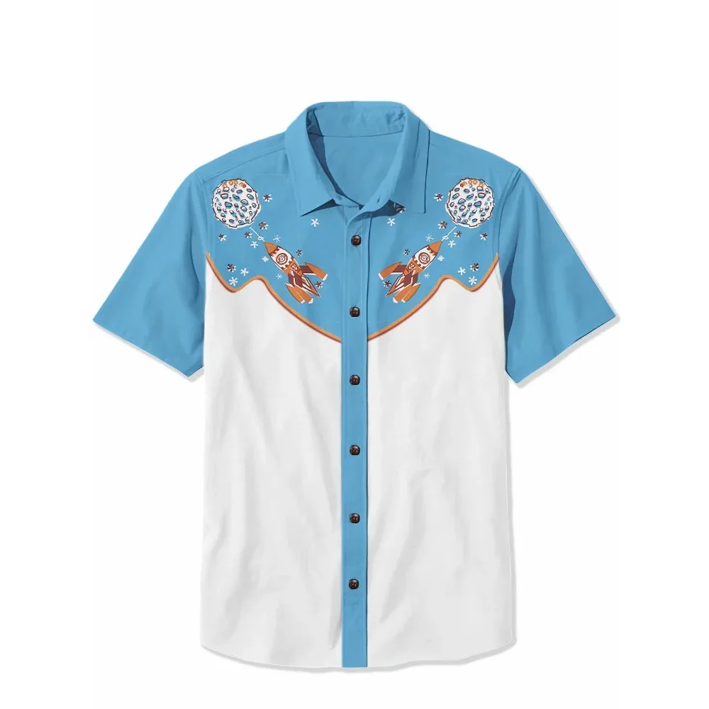 1950s Atomic Spaceship 100% Cotton Shirts Retro Fishing Men's Hawaiian Shirt Summer Short Sleeve Button Down Shirt Tropical Tops
