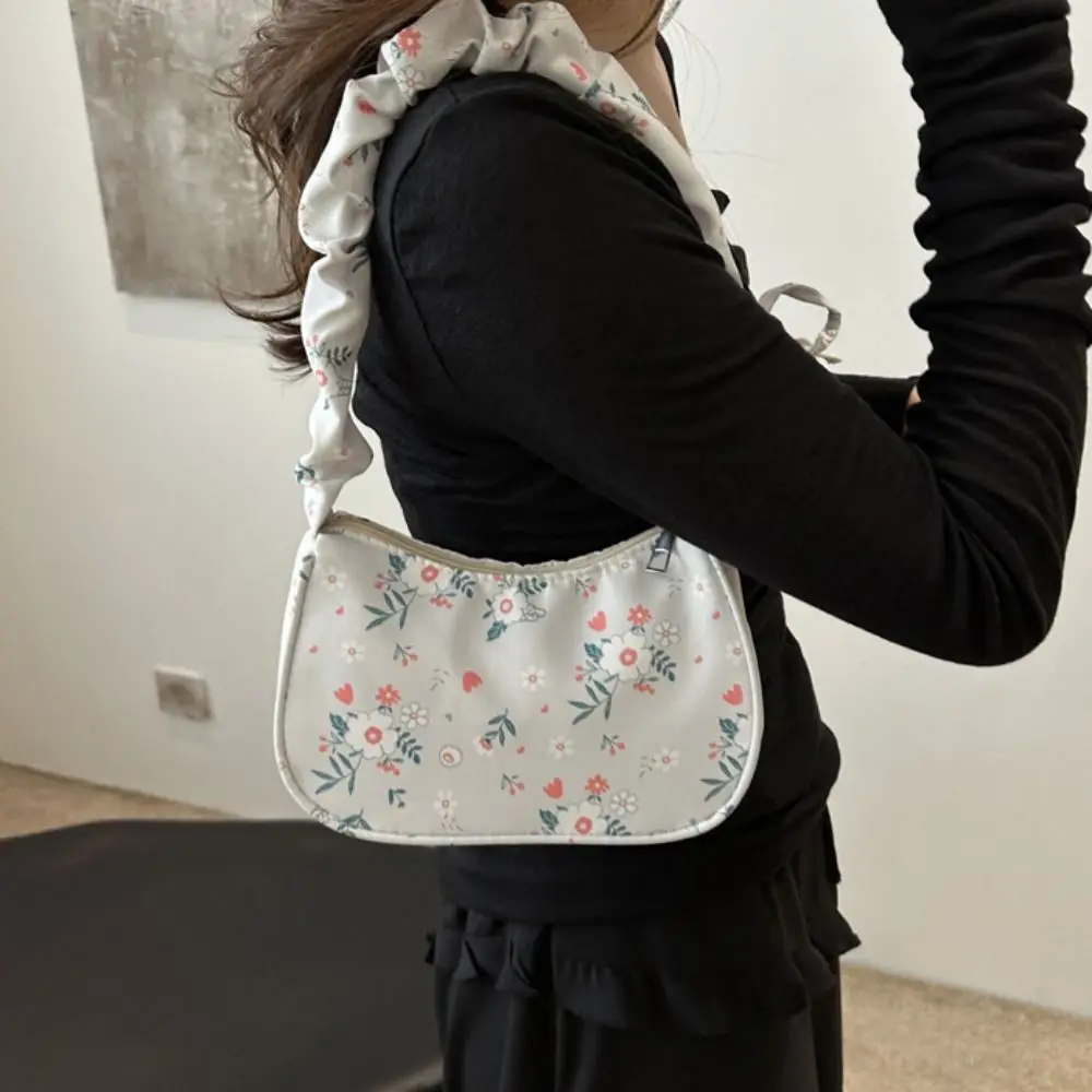 Casual Flower Pattern Printing Shoulder Bag Large Capacity Bow Sweet Canvas Bag Underarm Bag Wrinkle Lovely Tote Bag Streetwear