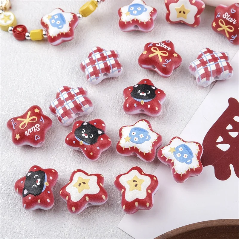New arrived 100pcs/lot color pattern print cartoon stars shape acrylic straight hole beads diy jewelry garment accessory
