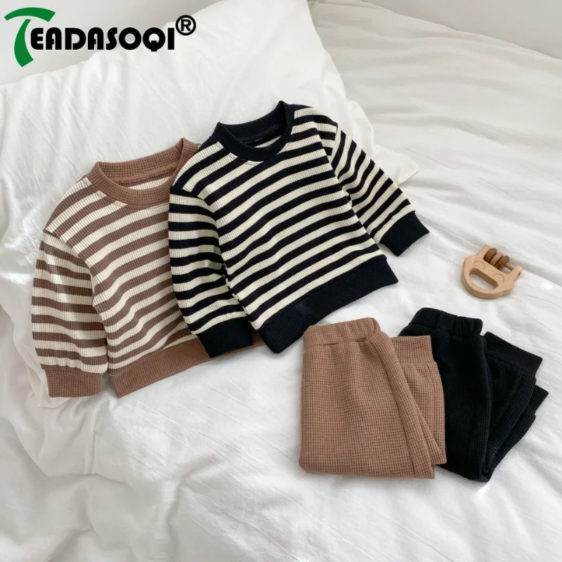 

2024 Spring Autumn Kids Baby Girls Boys 2Pcs Clothes Set Striped Waffle Top Sweatshirt+Solid Color Pants Black Brown Stripe 0-3Y