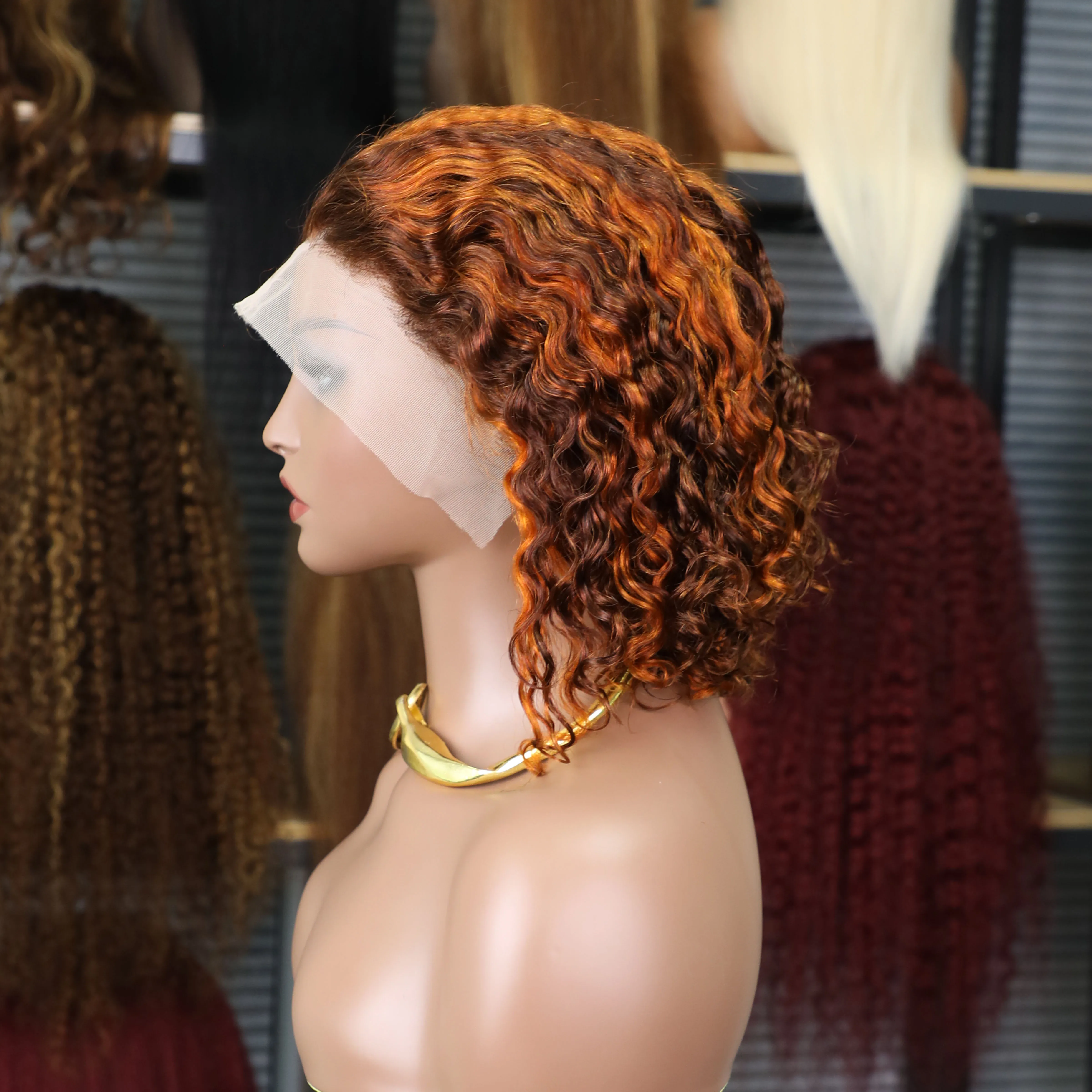 Water Wave 4/350 Highlight 13x4 Lace Front Human Hair Wig Ginger Orange Brown Piano Colored Curly Short Bob Wigs For Black Women