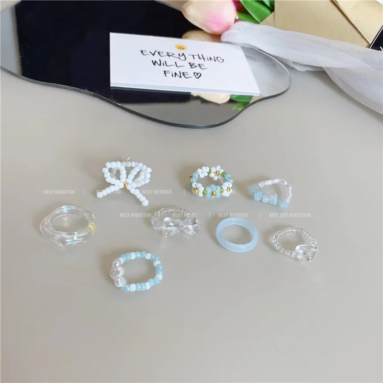 Summer Cute Transparent Resin Acrylic Handmade Beaded Geometric Square Round Rings For Women Y2k Jewelry Party