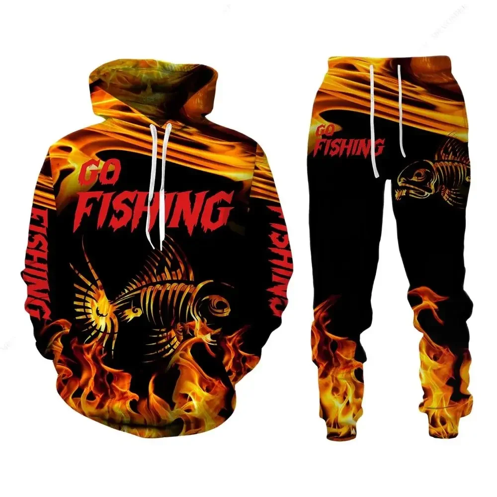 Men's Tracksuit Sets Go Fishing 3D Print Casual Hoodie Pants 2pcs Sets Animal Fish Hunting Camo Hoodie Sets Trend Men Clothing