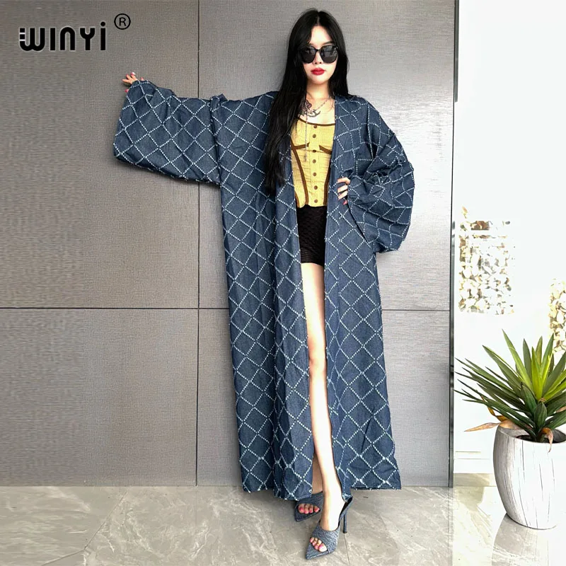 

WINYI Africa fashion coat for women Loose OverCoat autumn Checked jacquard denim long down coat swimsuit cover up winter kimono