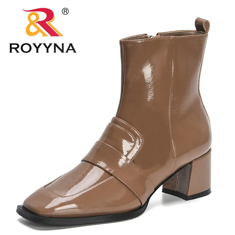 ROYYNA 2023 nuovi designer classici stivali Chelsea donna mezze stivali in pelle verniciata stivali da donna con tacco spesso stile britannico