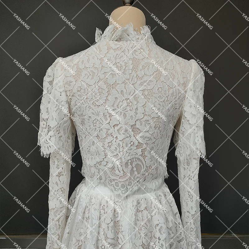 Customized High Neck Crop Top Bridal Gowns Drop Ship Plus Size Victorian Ankle Length Tiered Lace Long Sleeve Chic Wedding Dress