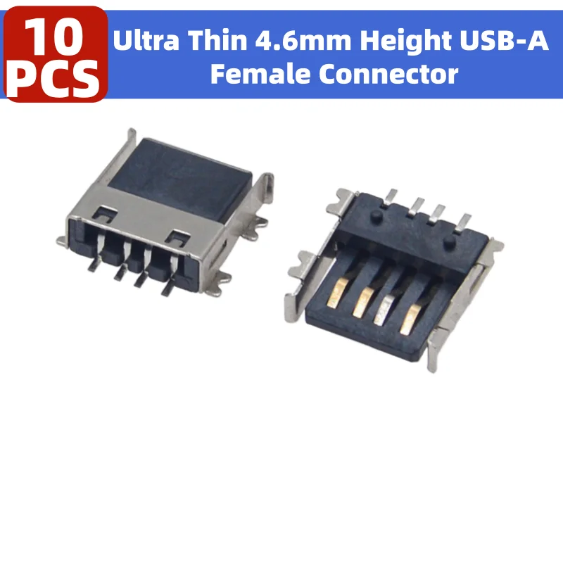 10PCS Ultra Thin 4.6mm Height USB-A Female Connector, Semi-Cover 4-Pin SMT Mount, Simple Shell, Black Nylon Crimp Type Standoffs