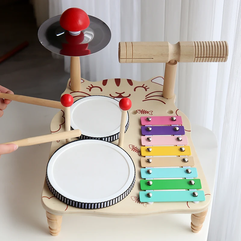 Crianças de madeira música instrumento percussão brinquedos conjunto tambor musical kit música de madeira bebê sensorial crianças tambor byzhimei woodplay presentes
