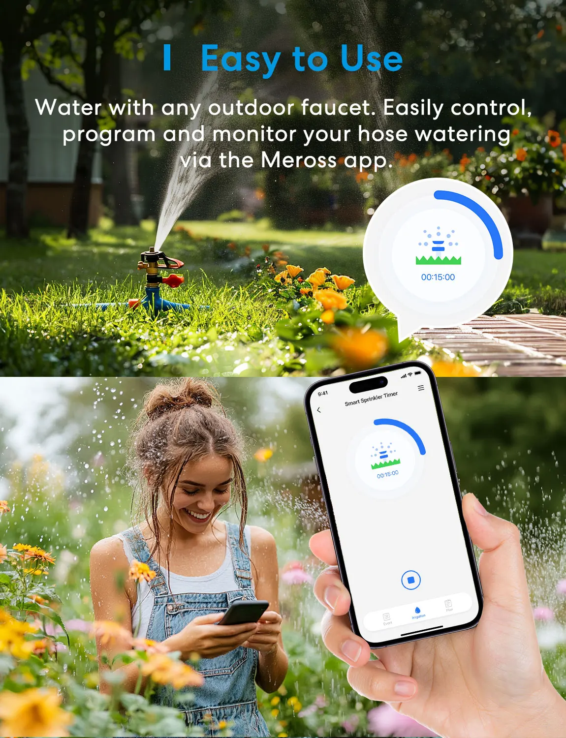 Meross Smart EU-Version Sprinkler-Timer, WLAN-Schlauch-Wasserhahn-Timer mit Messing mit Tracking- und Warnfunktion – Detail 2