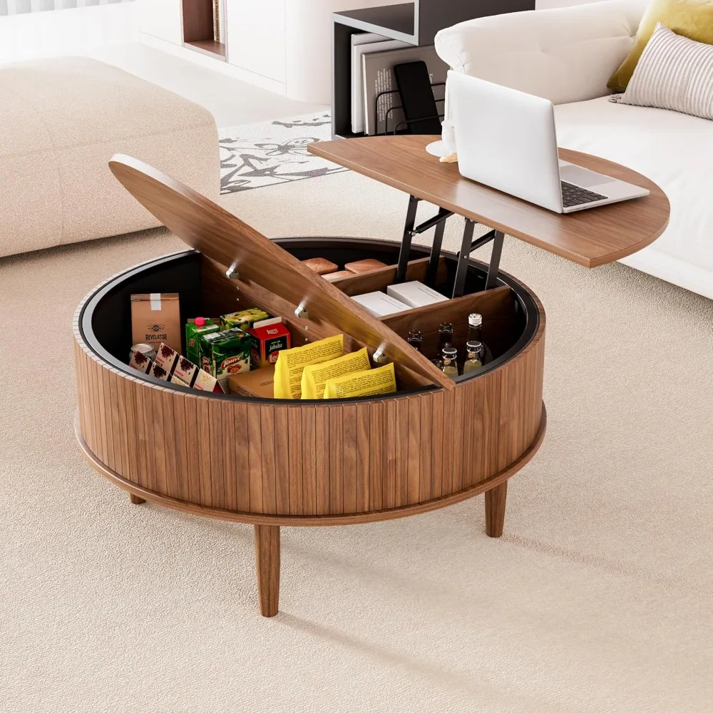 Mesa de centro redonda canelada com armazenamento, mesa de centro moderna de meados do século para sala de estar, espaço pequeno para casa, canelada de 31,5"