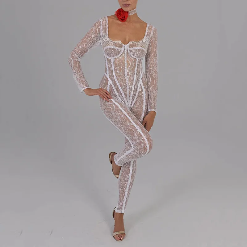 Cryptographic Sheer Lace Hollow Out Sexy Jumpsuits Zip Up Backless Outfits Women Unitards Square Neck Romper Overalls One Piece