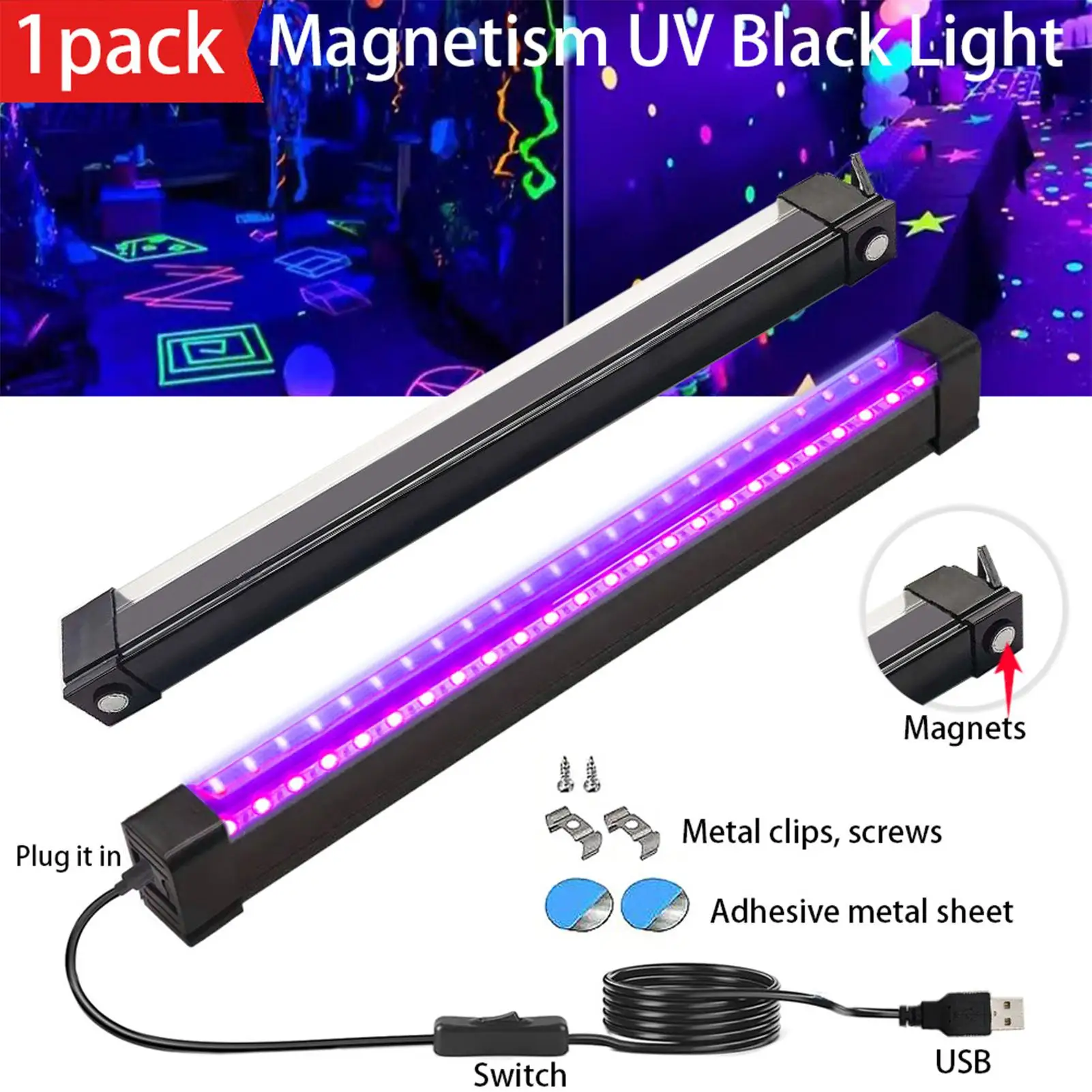 Black Light Bar 9W Magnetic Portable USB Fluorescent Lamp  UV Light Strip for Home Club Bedroom Wall, Ceiling Indoor Decor