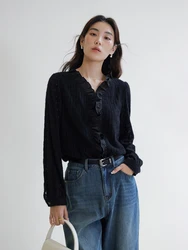 DUSHU-ropa de invierno suave con bordes de hongos para mujer, camisa adelgazante con cuello en V, estilo dulce, nuevo temperamento